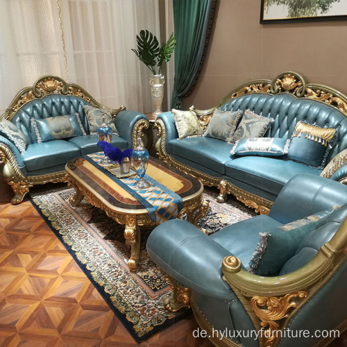 luxuriöses imperiales Schnittsofa aus blauem Leder für das Wohnzimmer